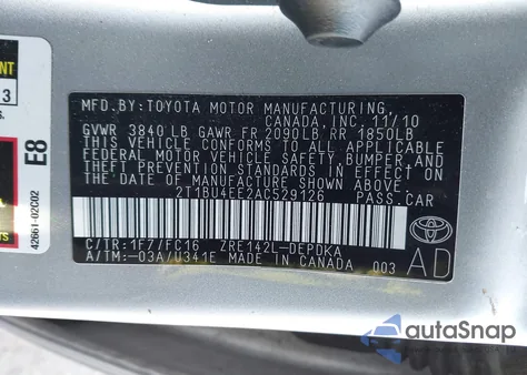 2010 Toyota Corolla Le z USA, uszkodzony, nr VIN 2T1BU4EE2AC529126